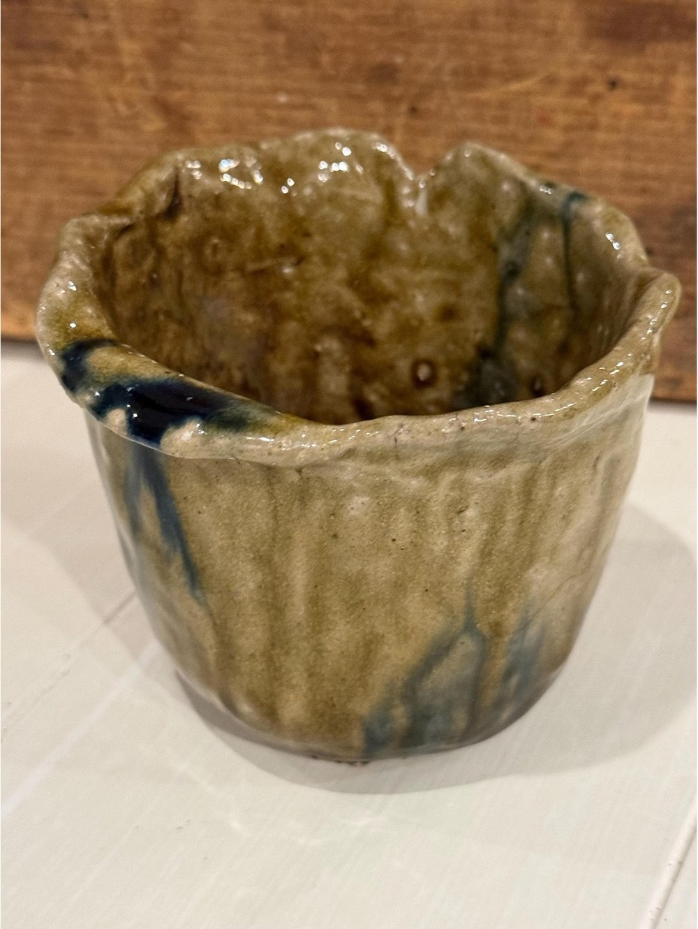 Handmade Studio Pottery Bowl – Ruffled Rim, Earthy Brown, Drip Glaze (Wabi Sabi)